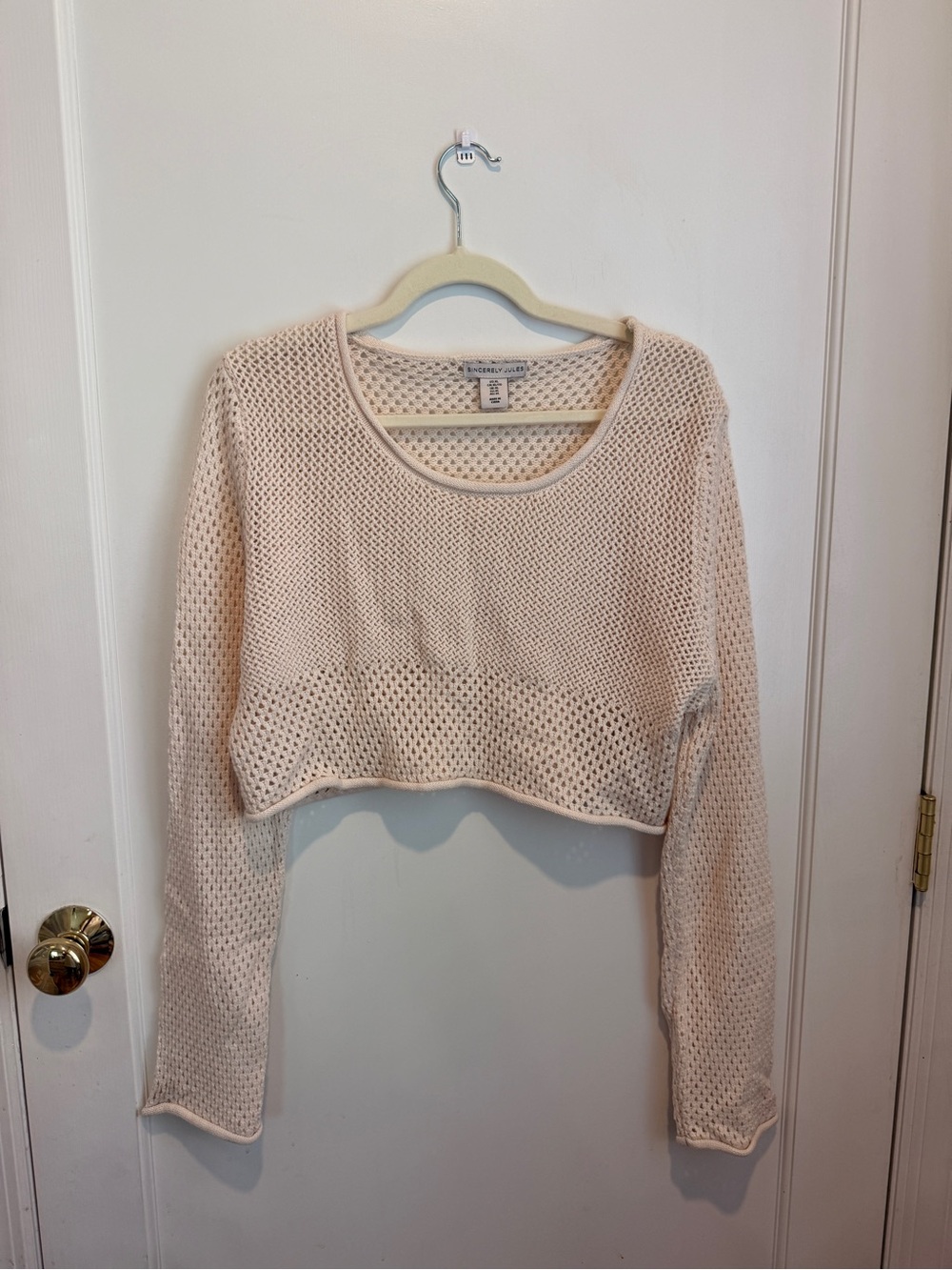 Sincerely Jules Open-Weave Cropped Long Sleeve Top in Light Cream